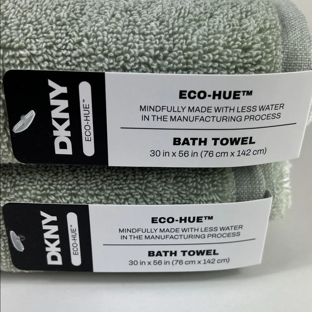 2pc DKNY Bath Towels Eco Hue Sage and White Striped Plush Cotton NEW